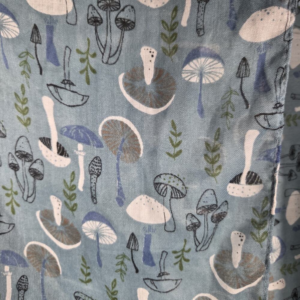 Peony Mushroom Print Blue Rectangle Scarf Boho Whimsy Nature Lightweight Cute - Picture 3 of 7